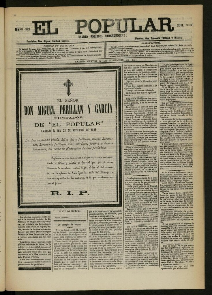 Miniatura de El Popular: diario independiente, político, literario y de noticias de interés general del 22 de noviembre de 1887, nº 9030