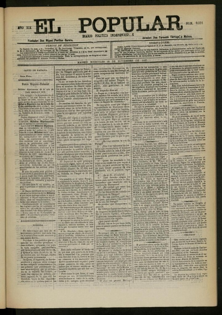 Miniatura de El Popular: diario independiente, político, literario y de noticias de interés general del 23 de noviembre de 1887, nº 9031