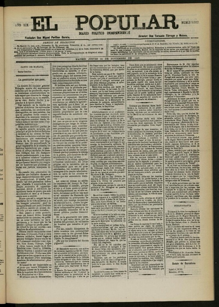 Miniatura de El Popular: diario independiente, político, literario y de noticias de interés general del 24 de noviembre de 1887, nº 9032
