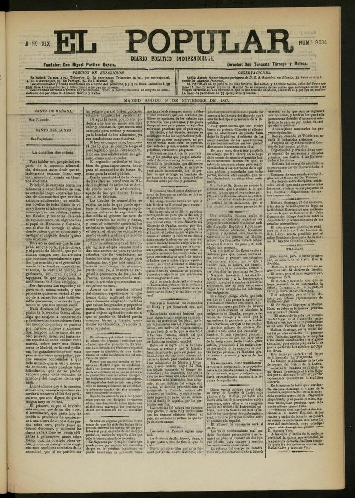 Miniatura de El Popular: diario independiente, político, literario y de noticias de interés general del 26 de noviembre de 1887, nº 9034