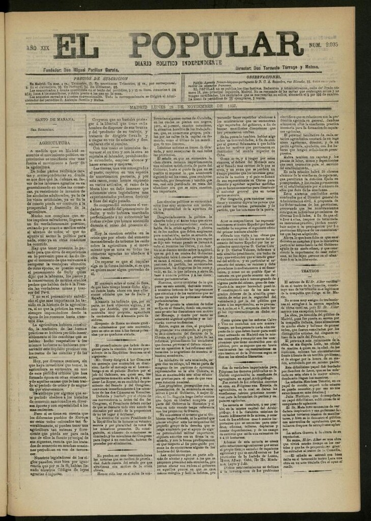 Miniatura de El Popular: diario independiente, político, literario y de noticias de interés general del 28 de noviembre de 1887, nº 9035