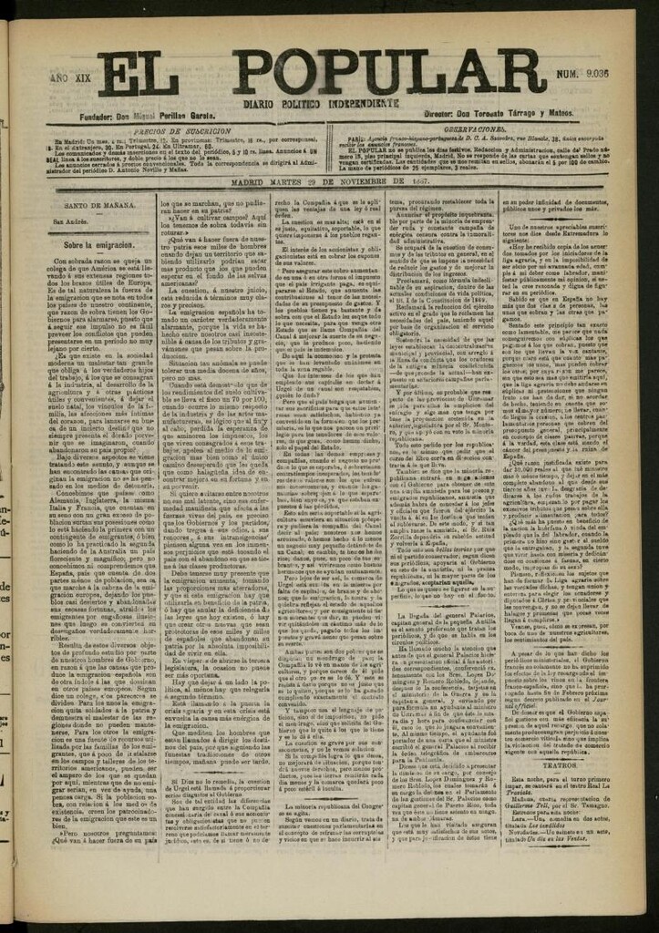 Miniatura de El Popular: diario independiente, político, literario y de noticias de interés general del 29 de noviembre de 1887, nº 9036