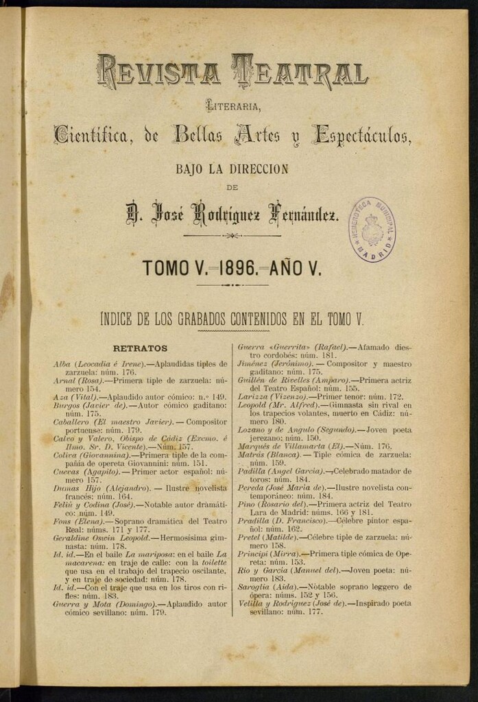 Miniatura de Revista Teatral, Literaria, Científica, de Bellas Artes y Espectáculos. 1896 Índices