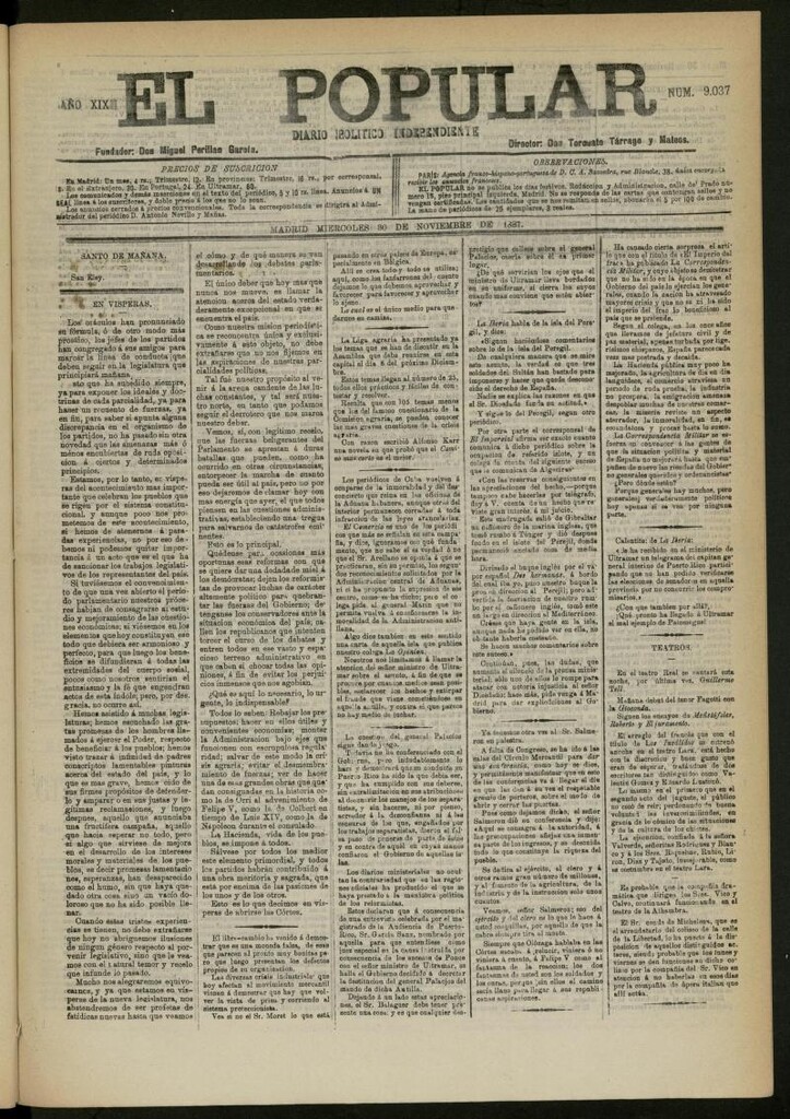 Miniatura de El Popular: diario independiente, político, literario y de noticias de interés general del 30 de noviembre de 1887, nº 9037