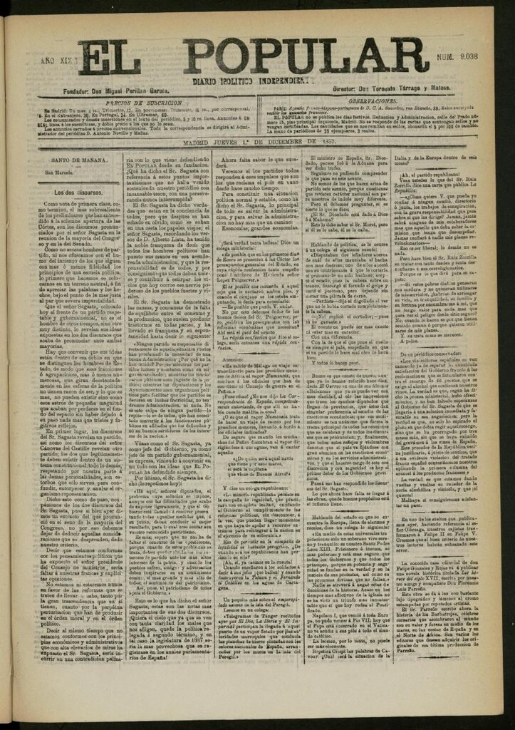Miniatura de El Popular: diario independiente, político, literario y de noticias de interés general del 1 de diciembre de 1887, nº 9038