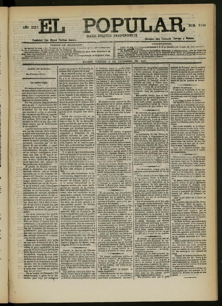 Miniatura de El Popular: diario independiente, político, literario y de noticias de interés general del 2 de diciembre de 1887, nº 9040