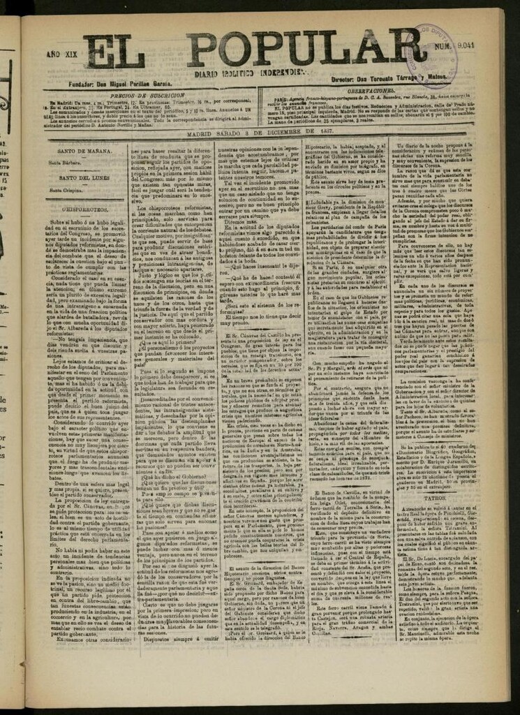 Miniatura de El Popular: diario independiente, político, literario y de noticias de interés general del 3 de diciembre de 1887, nº 9041
