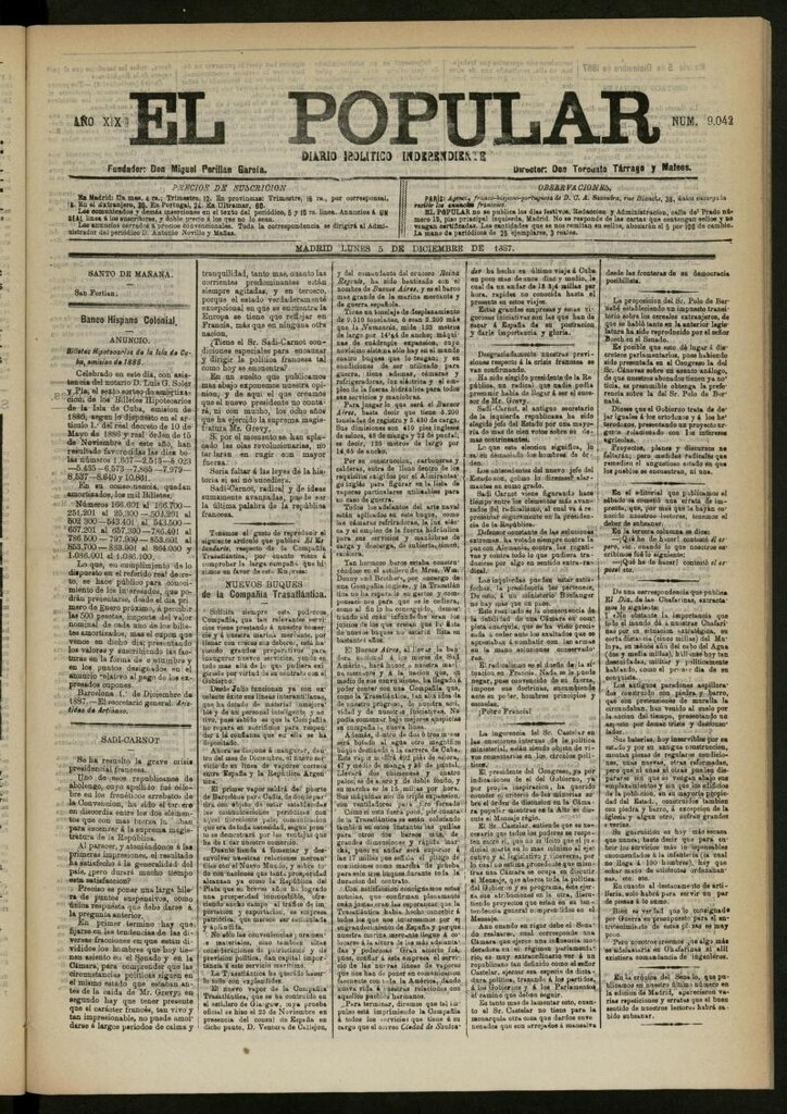 Miniatura de El Popular: diario independiente, político, literario y de noticias de interés general del 5 de diciembre de 1887, nº 9042