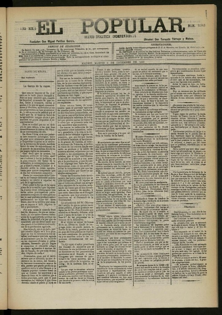 Miniatura de El Popular: diario independiente, político, literario y de noticias de interés general del 6 de diciembre de 1887, nº 9043