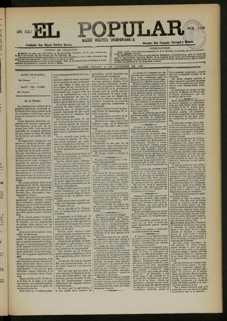 Miniatura de El Popular: diario independiente, político, literario y de noticias de interés general del 10 de diciembre de 1887, nº 9046