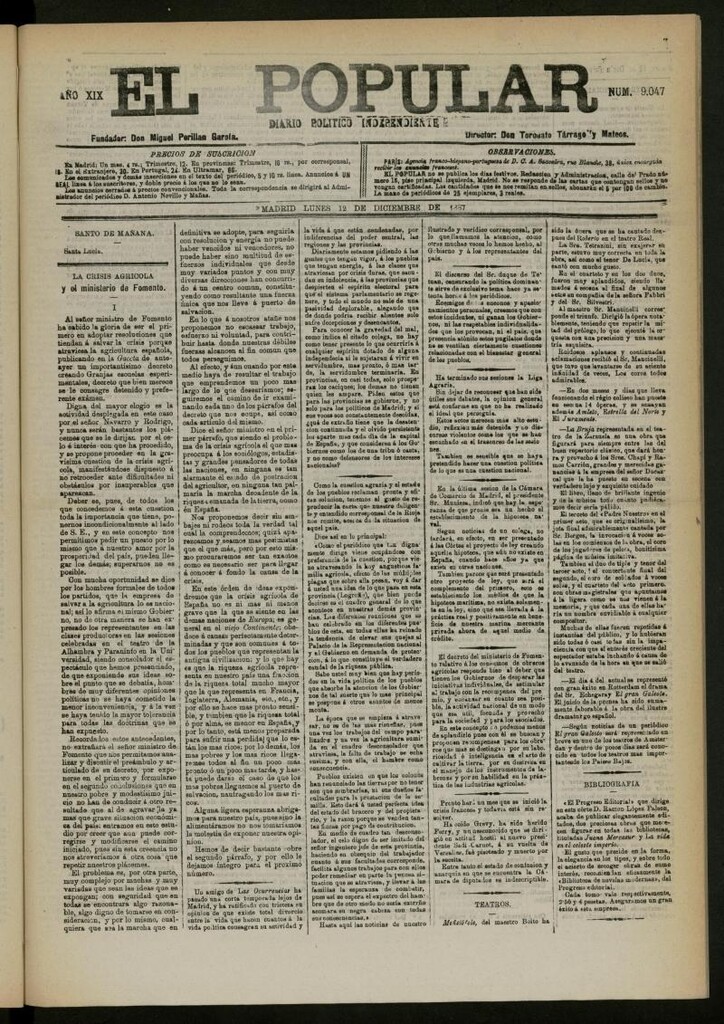 Miniatura de El Popular: diario independiente, político, literario y de noticias de interés general del 12 de diciembre de 1887, nº 9047