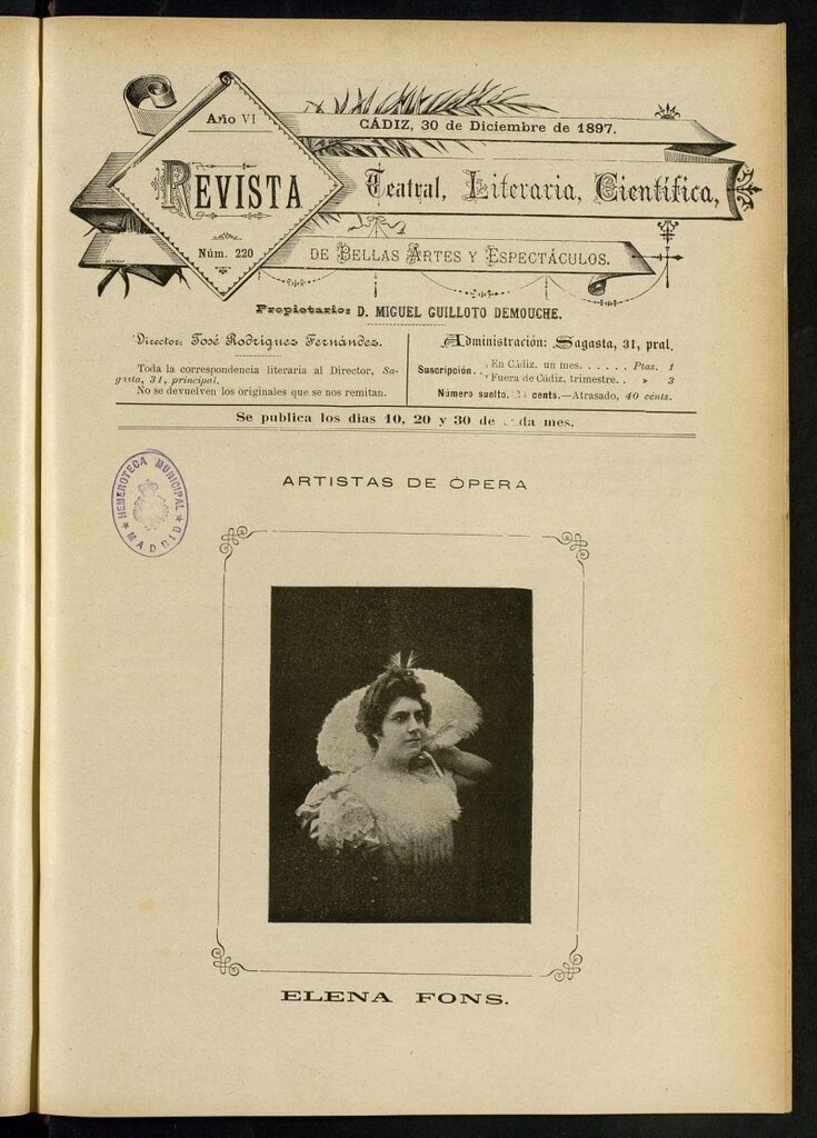 Miniatura de Revista Teatral, Literaria, Científica, de Bellas Artes y Espectáculos. Nº 220