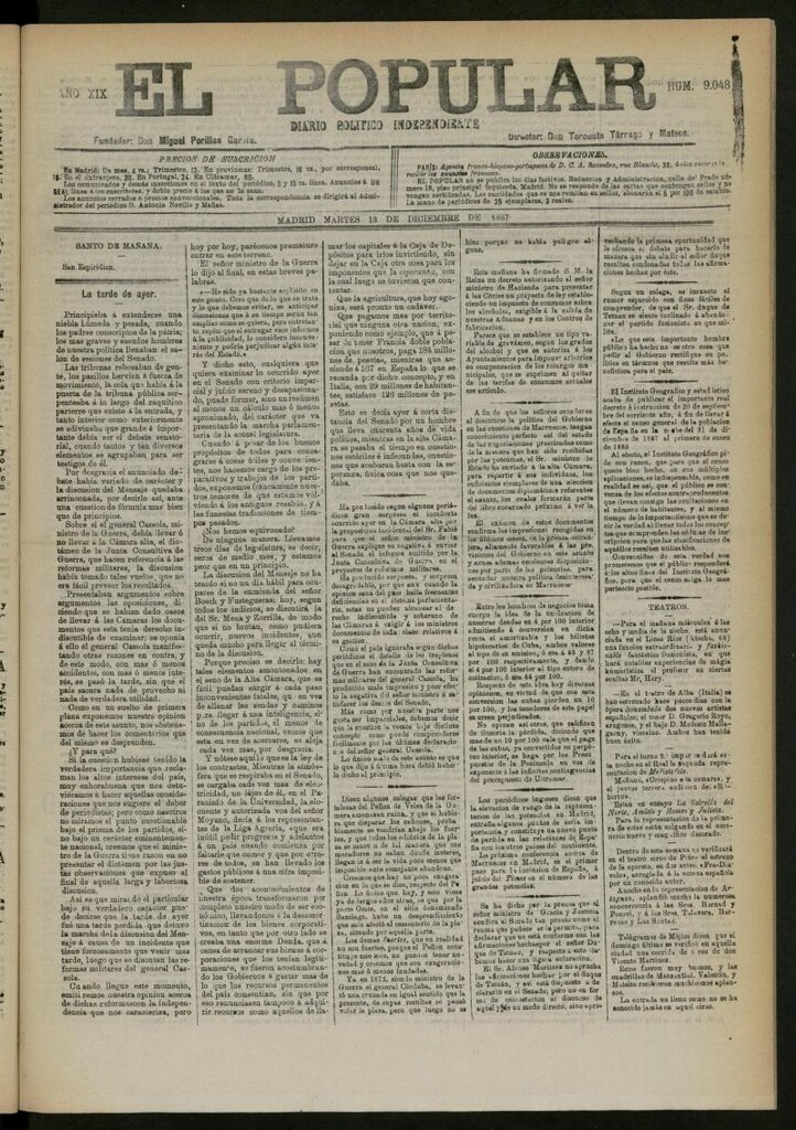 Miniatura de El Popular: diario independiente, político, literario y de noticias de interés general del 13 de diciembre de 1887, nº 9048