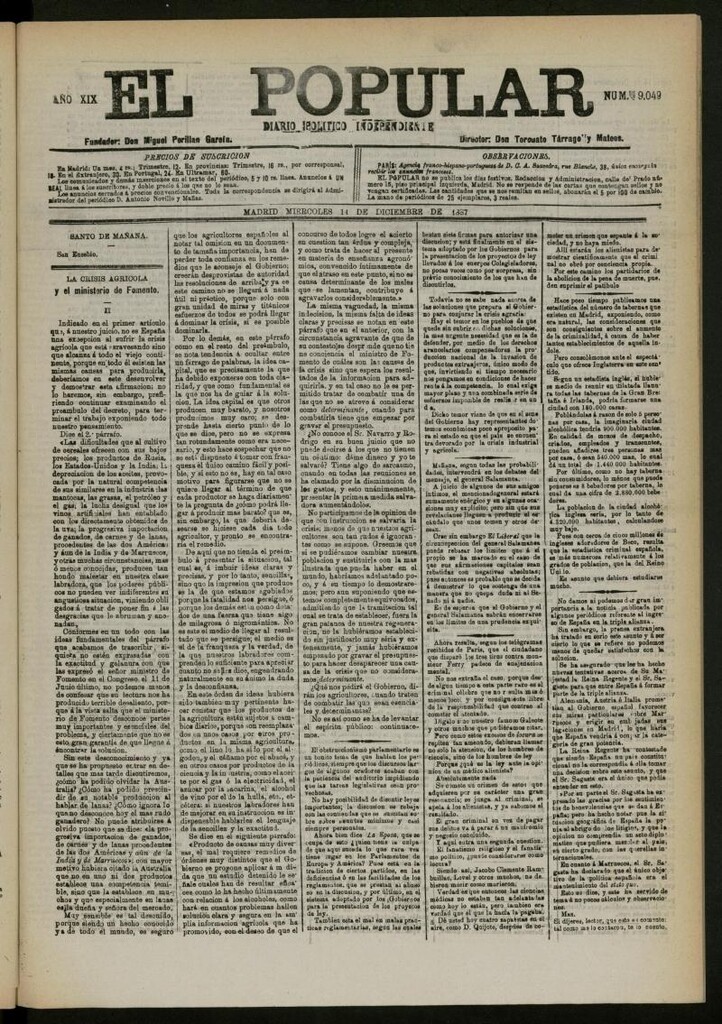 Miniatura de El Popular: diario independiente, político, literario y de noticias de interés general del 14 de diciembre de 1887, nº 9049