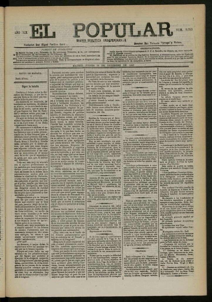 Miniatura de El Popular: diario independiente, político, literario y de noticias de interés general del 15 de diciembre de 1887, nº 9050