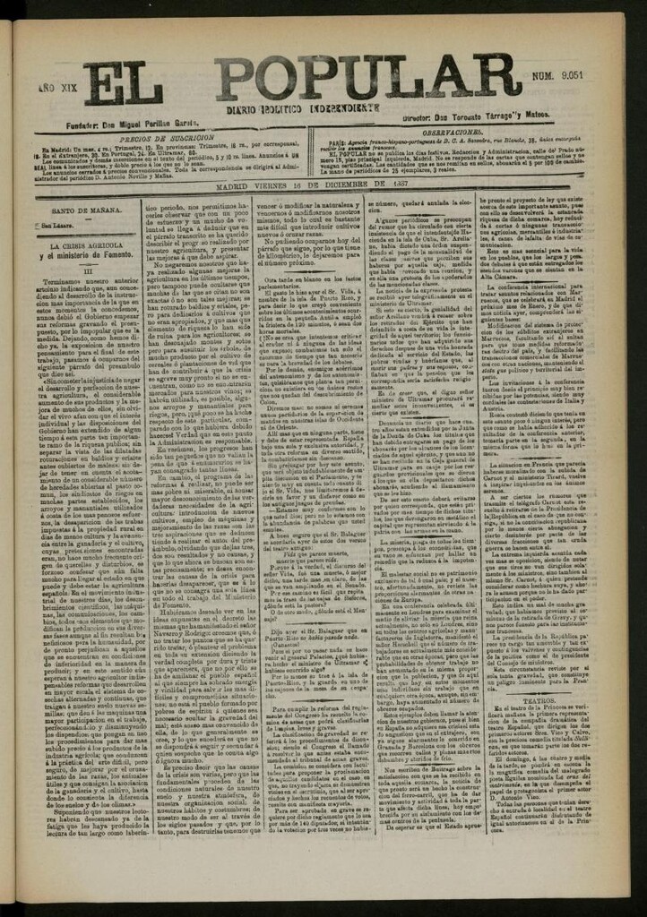 Miniatura de El Popular: diario independiente, político, literario y de noticias de interés general del 16 de diciembre de 1887, nº 9051