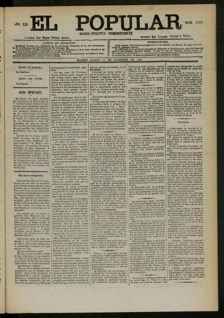 Miniatura de El Popular: diario independiente, político, literario y de noticias de interés general del 17 de diciembre de 1887, nº 9052