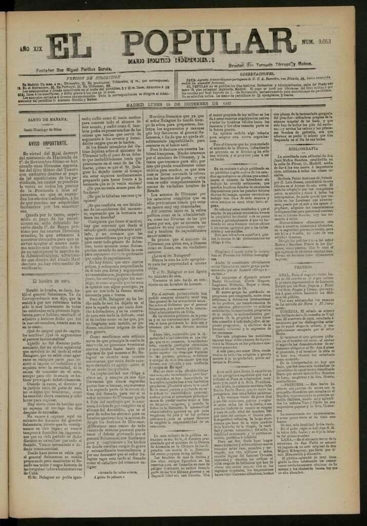 Miniatura de El Popular: diario independiente, político, literario y de noticias de interés general del 19 de diciembre de 1887, nº 9053