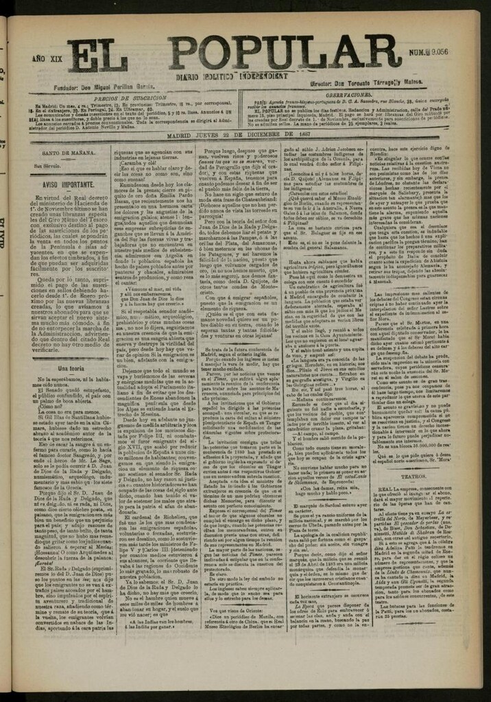 Miniatura de El Popular: diario independiente, político, literario y de noticias de interés general del 22 de diciembre de 1887, nº 9056