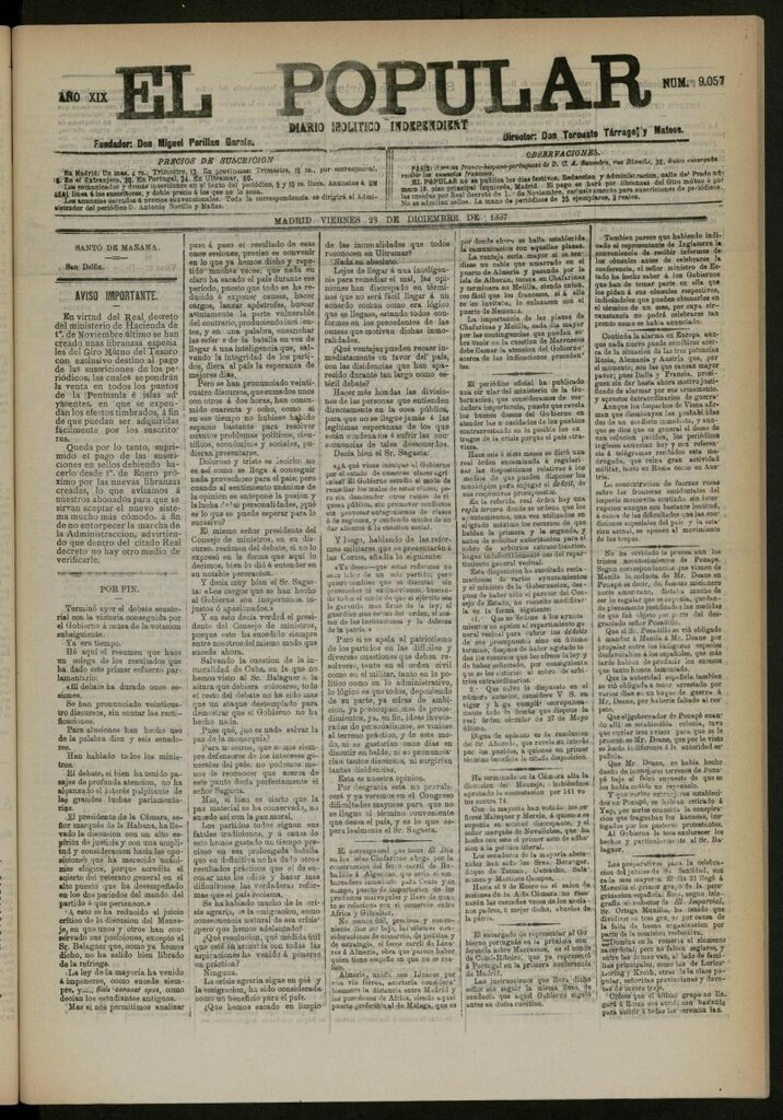 Miniatura de El Popular: diario independiente, político, literario y de noticias de interés general del 23 de diciembre de 1887, nº 9057