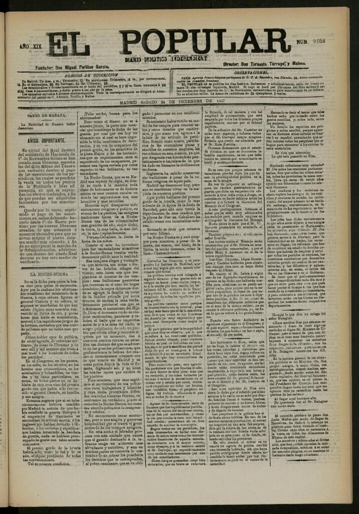 Miniatura de El Popular: diario independiente, político, literario y de noticias de interés general del 24 de diciembre de 1887, nº 9058