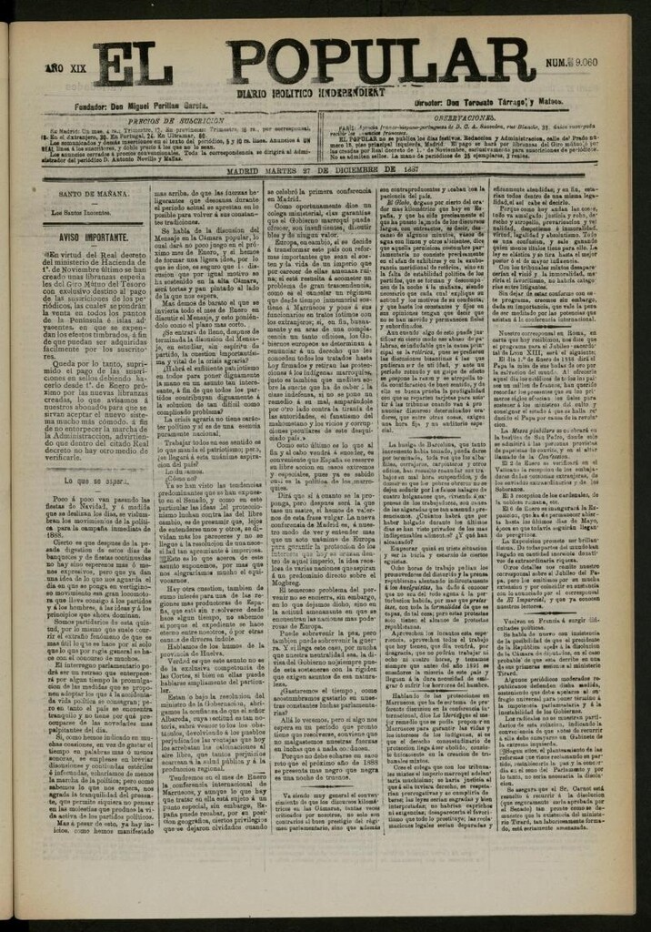 Miniatura de El Popular: diario independiente, político, literario y de noticias de interés general del 27 de diciembre de 1887, nº 9060