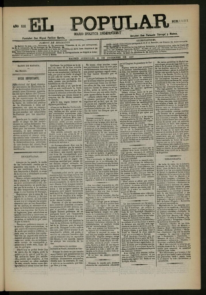 Miniatura de El Popular: diario independiente, político, literario y de noticias de interés general del 28 de diciembre de 1887, nº 9061