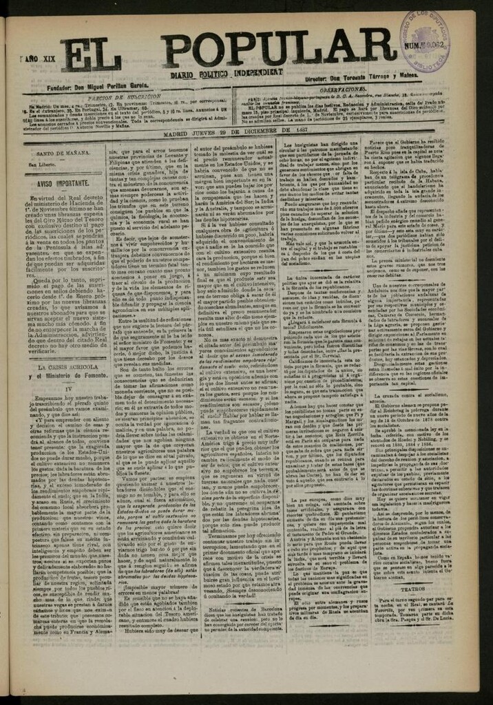 Miniatura de El Popular: diario independiente, político, literario y de noticias de interés general del 29 de diciembre de 1887, nº 9062