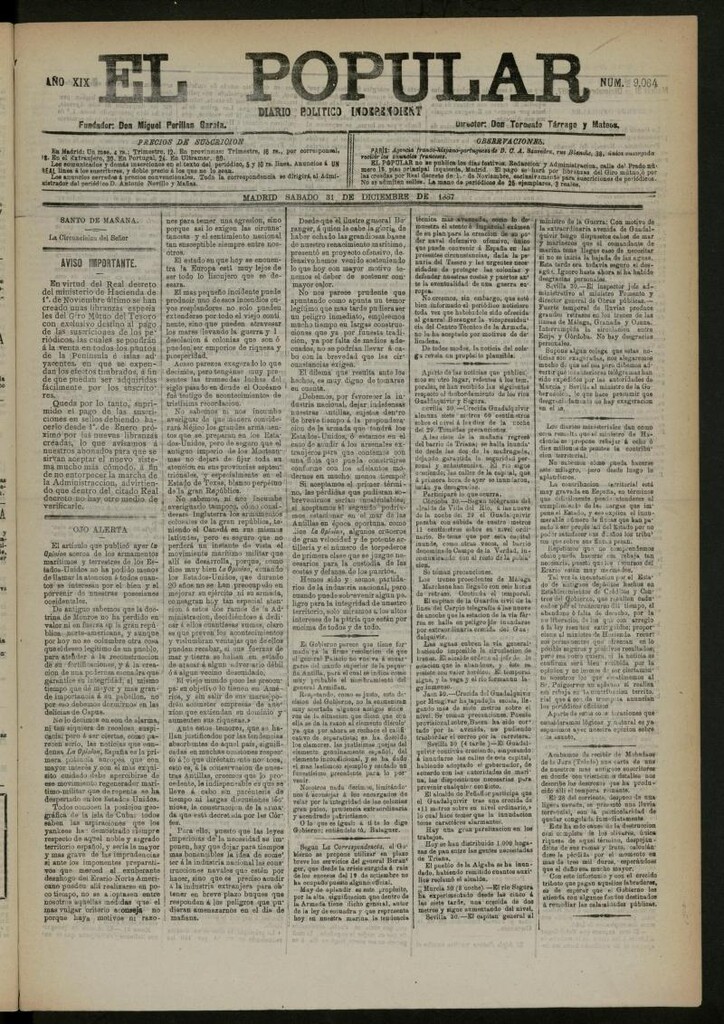 Miniatura de El Popular: diario independiente, político, literario y de noticias de interés general del 31 de diciembre de 1887, nº 9064
