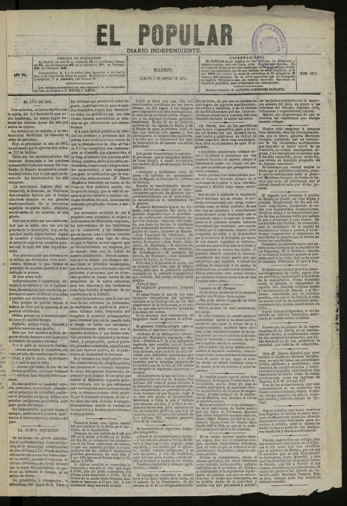 Miniatura de El Popular: diario independiente, político, literario y de noticias de interés general del 2 de enero de 1875, nº 1671