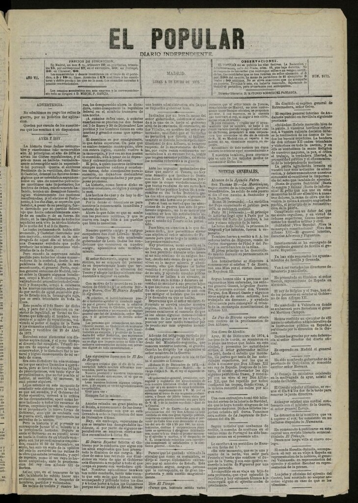 Miniatura de El Popular: diario independiente, político, literario y de noticias de interés general del 4 de enero de 1875, nº 1672