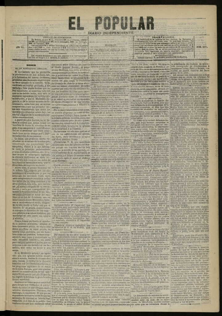 Miniatura de El Popular: diario independiente, político, literario y de noticias de interés general del 5 de enero de 1875, nº 1673
