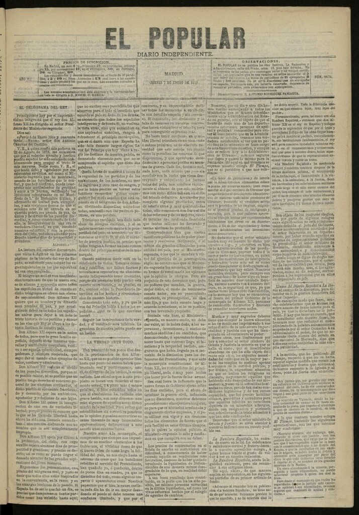 Miniatura de El Popular: diario independiente, político, literario y de noticias de interés general del 7 de enero de 1875, nº 1674