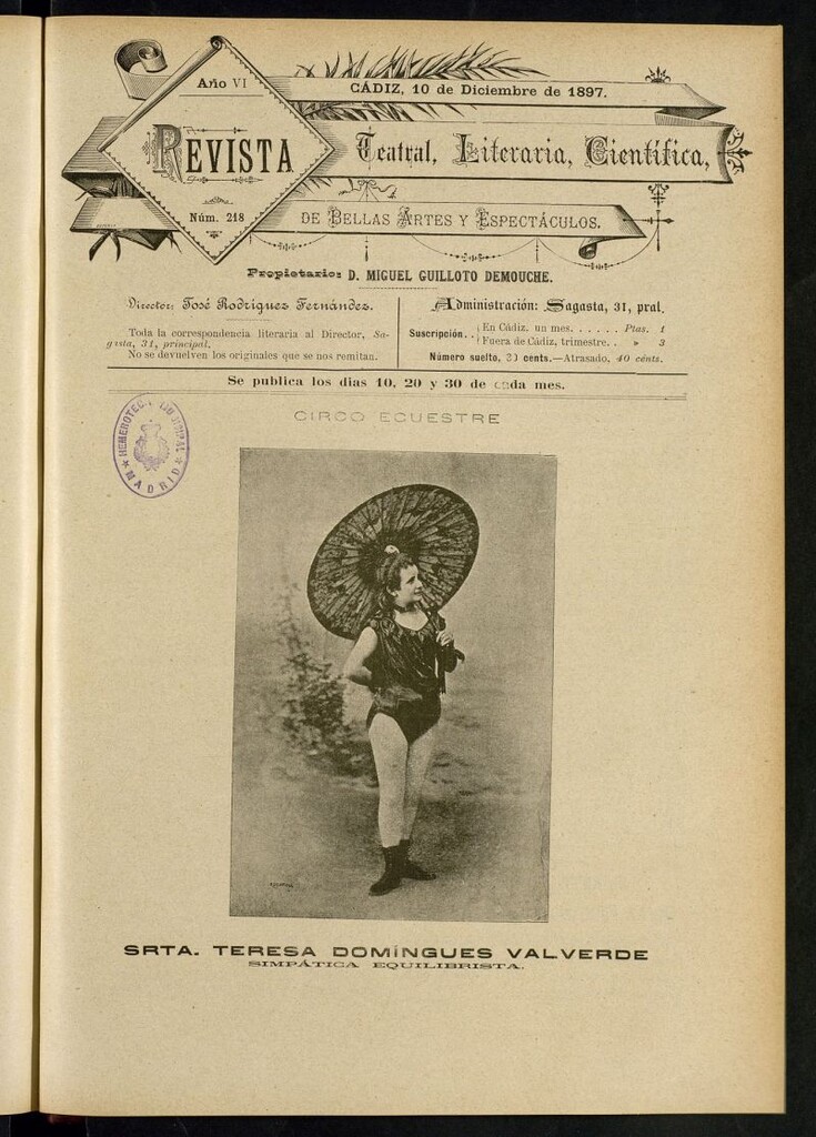 Miniatura de Revista Teatral, Literaria, Científica, de Bellas Artes y Espectáculos. Nº 218