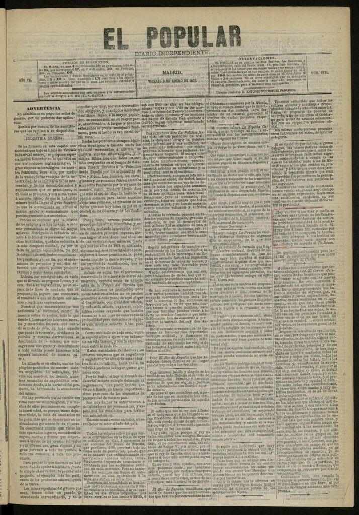 Miniatura de El Popular: diario independiente, político, literario y de noticias de interés general del 8 de enero de 1875, nº 1675