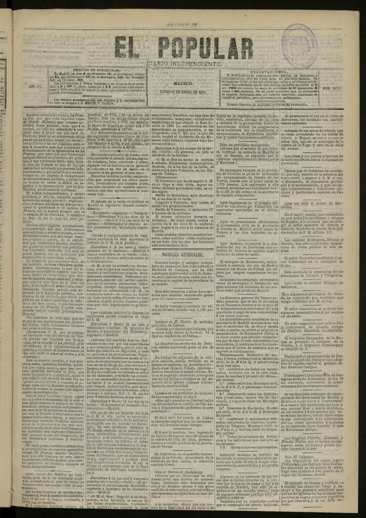 Miniatura de El Popular: diario independiente, político, literario y de noticias de interés general del 11 de enero de 1875, nº 1677