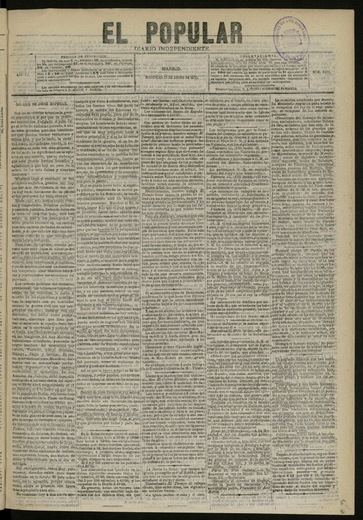 Miniatura de El Popular: diario independiente, político, literario y de noticias de interés general del 13 de enero de 1875, nº 1679