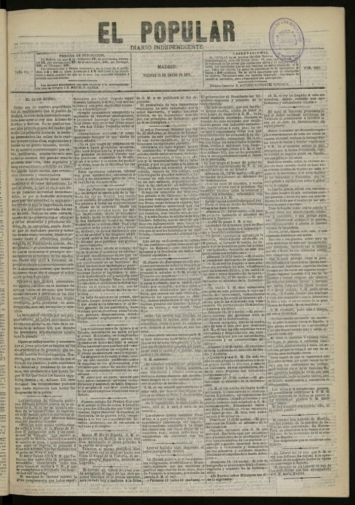 Miniatura de El Popular: diario independiente, político, literario y de noticias de interés general del 15 de enero de 1875, nº 1681