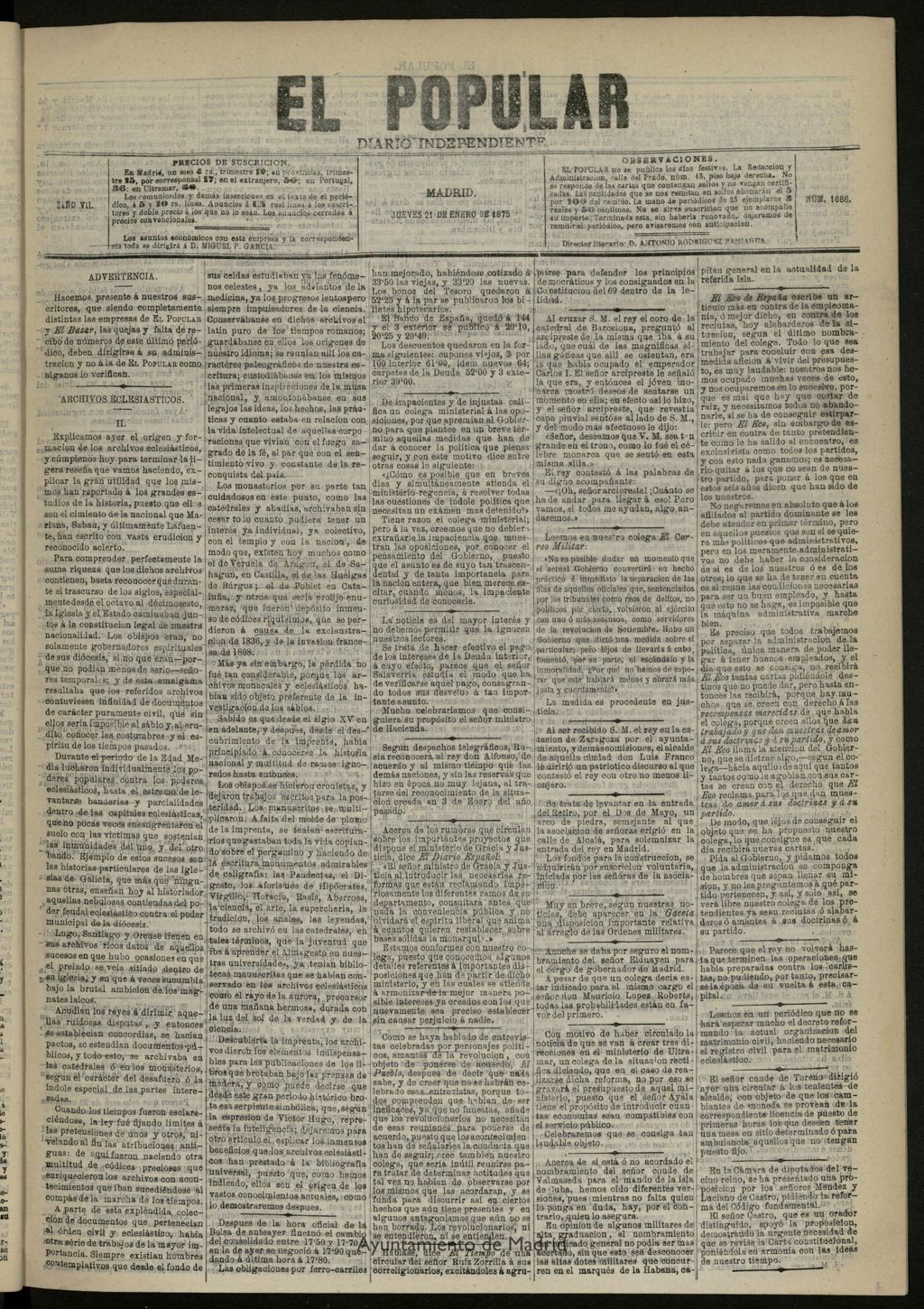 Miniatura de El Popular: diario independiente, político, literario y de noticias de interés general del 21 de enero de 1875, nº 1686