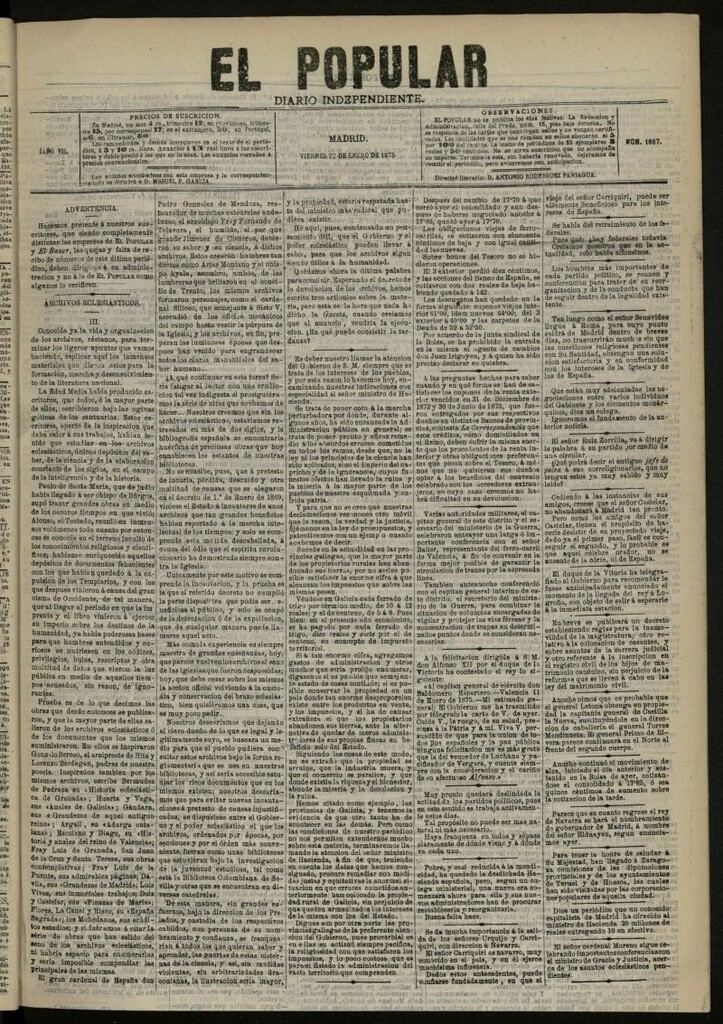 Miniatura de El Popular: diario independiente, político, literario y de noticias de interés general del 22 de enero de 1875, nº 1688
