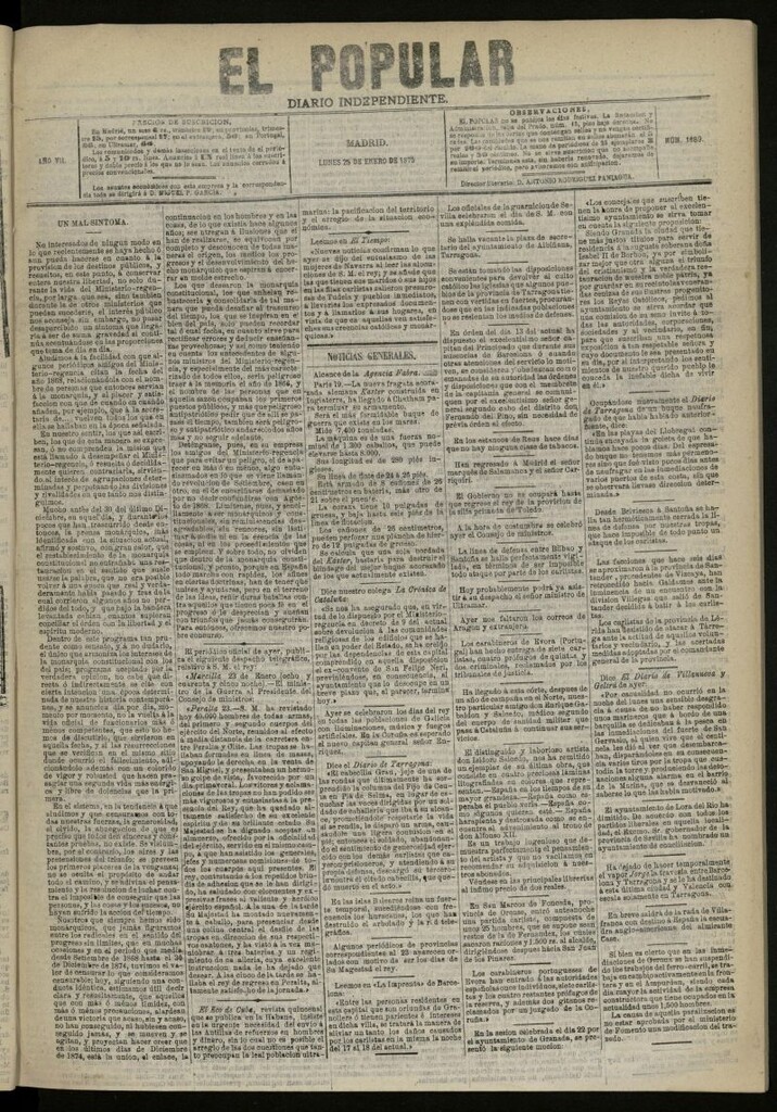 Miniatura de El Popular: diario independiente, político, literario y de noticias de interés general del 25 de enero de 1875, nº 1689