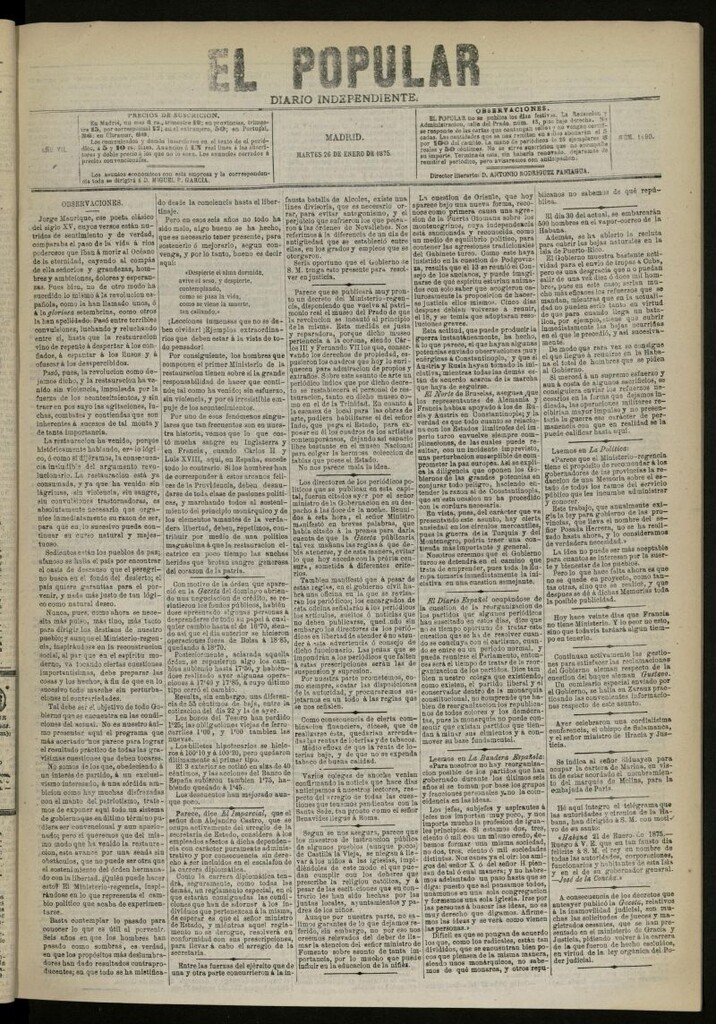 Miniatura de El Popular: diario independiente, político, literario y de noticias de interés general del 26 de enero de 1875, nº 1690