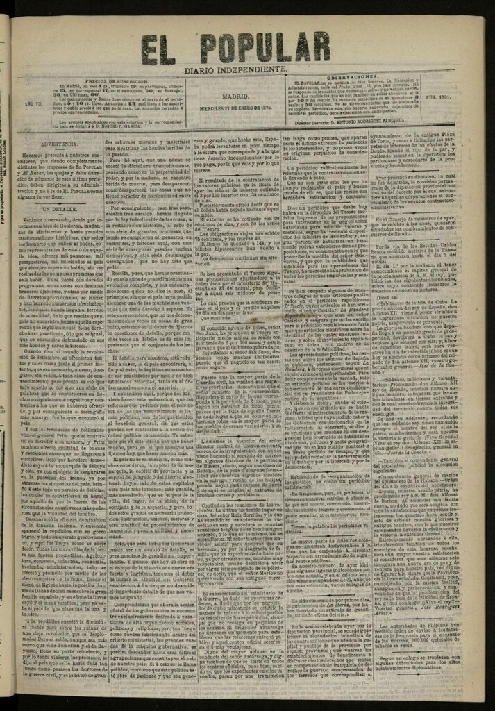 Miniatura de El Popular: diario independiente, político, literario y de noticias de interés general del 27 de enero de 1875, nº 1691