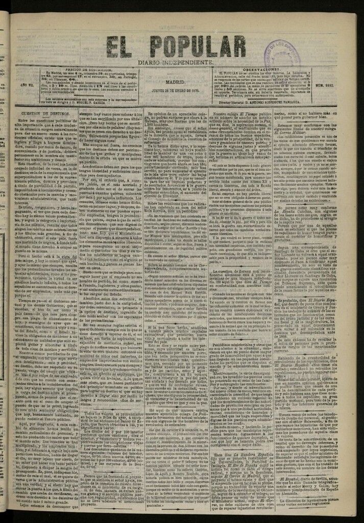 Miniatura de El Popular: diario independiente, político, literario y de noticias de interés general del 28 de enero de 1875, nº 1692