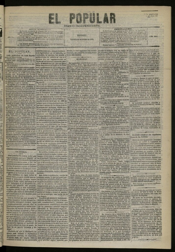 Miniatura de El Popular: diario independiente, político, literario y de noticias de interés general del 29 de enero de 1875, nº 1693