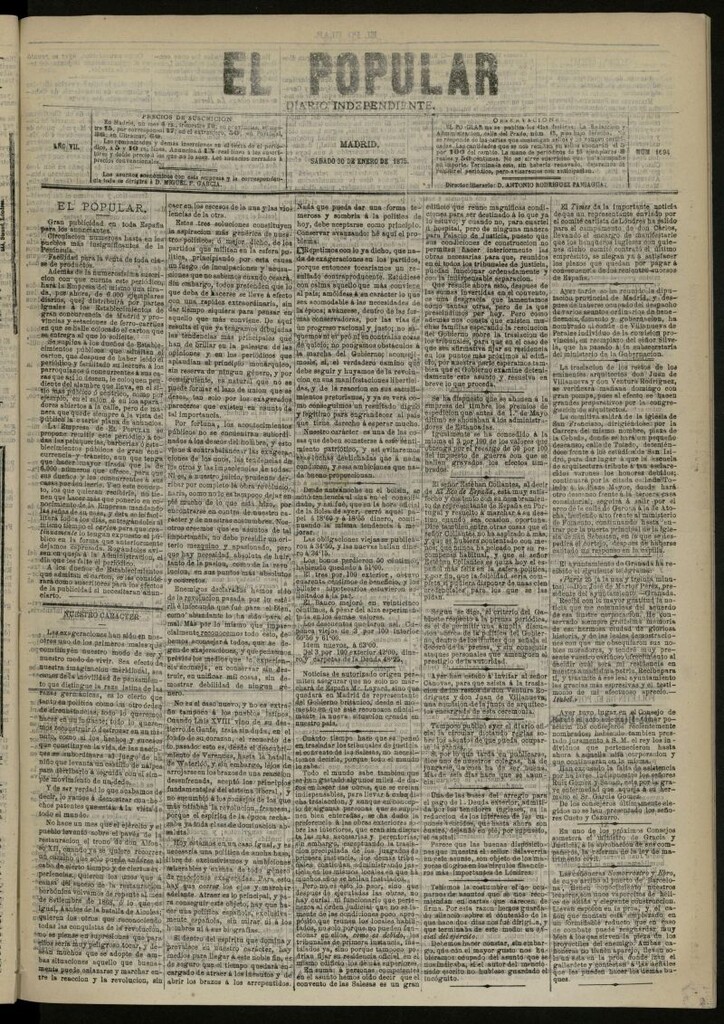 Miniatura de El Popular: diario independiente, político, literario y de noticias de interés general del 30 de enero de 1875, nº 1694