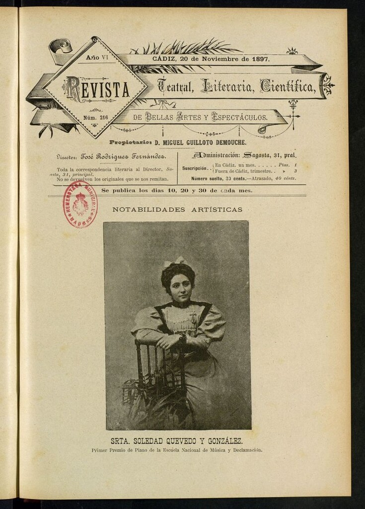 Miniatura de Revista Teatral, Literaria, Científica, de Bellas Artes y Espectáculos. Nº 216
