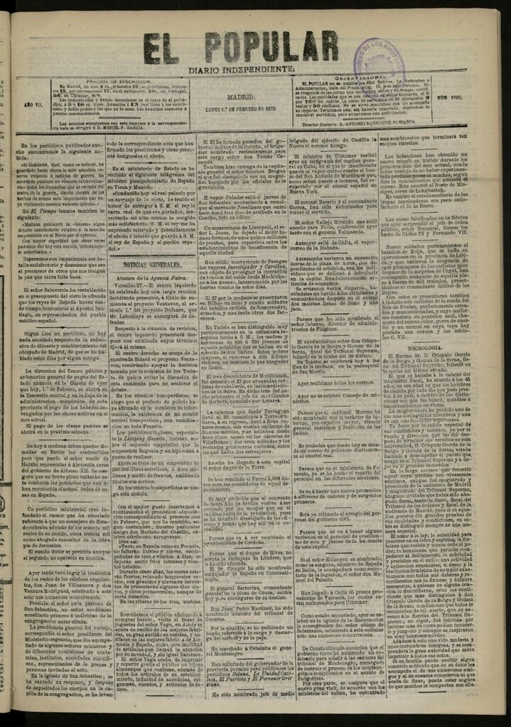 Miniatura de El Popular: diario independiente, político, literario y de noticias de interés general del 1 de febrero de 1875, nº 1695