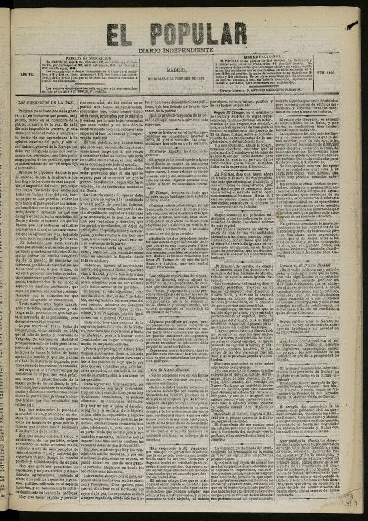 Miniatura de El Popular: diario independiente, político, literario y de noticias de interés general del 3 de febrero de 1875, nº 1696