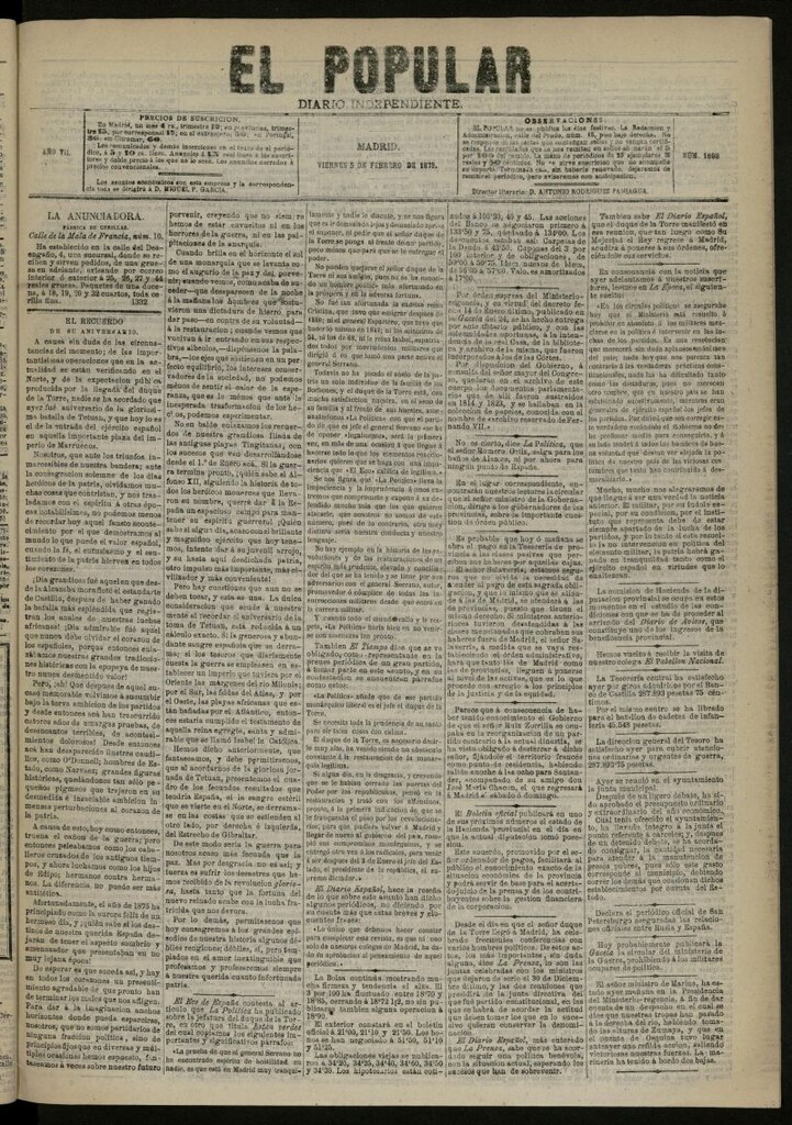 Miniatura de El Popular: diario independiente, político, literario y de noticias de interés general del 5 de febrero de 1875, nº 1698
